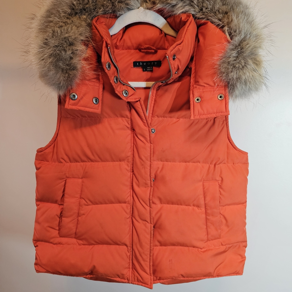 Orange Puffer Vest with Fur Trim